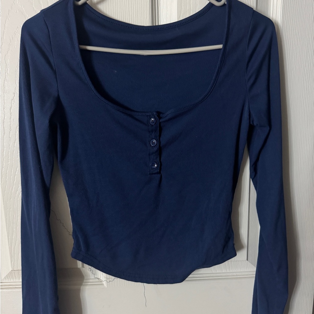 SHEIN Navy Buttoned Long Sleeve Blouse